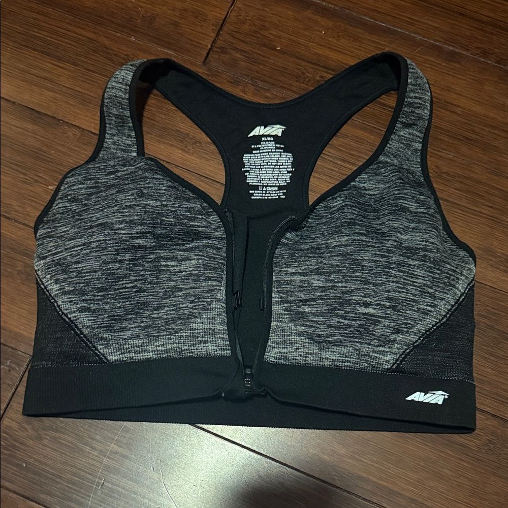 Avia Heathered Black Sports Bra Zip Up Front Padded & Clip Closure NWOT Size XL